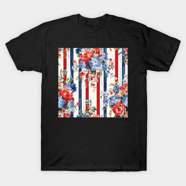 Red White and Blue Patriotic Shabby Floral T-Shirt by VintageFlorals